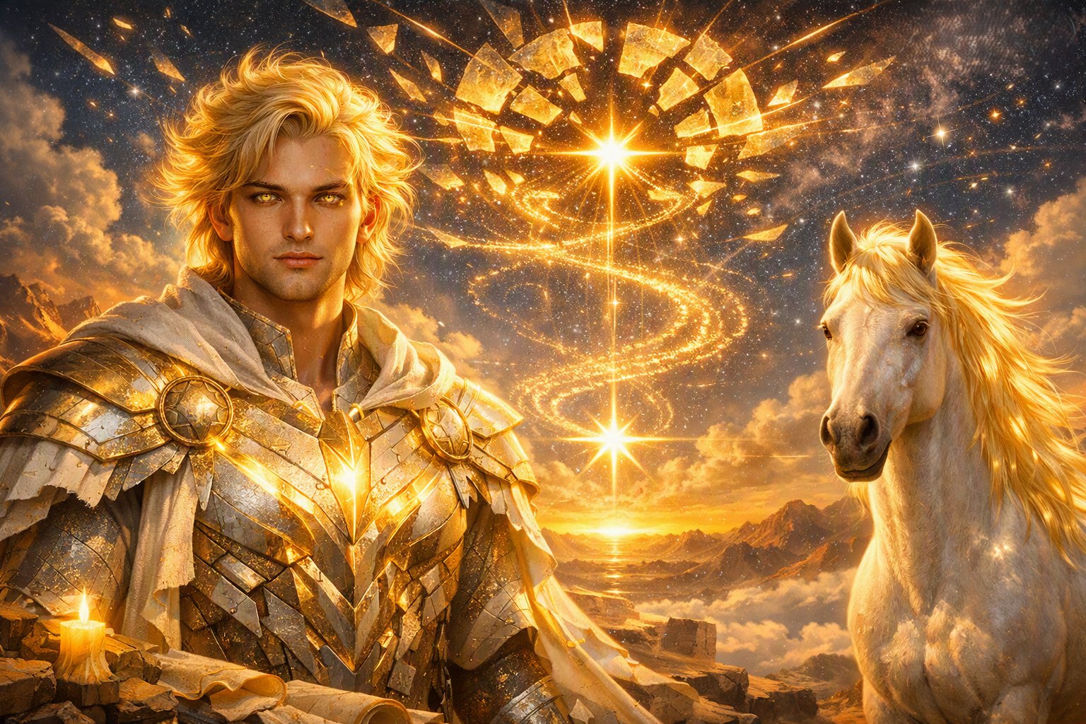Il cavaliere dorato — Personaggi, grafica generata con A.I.